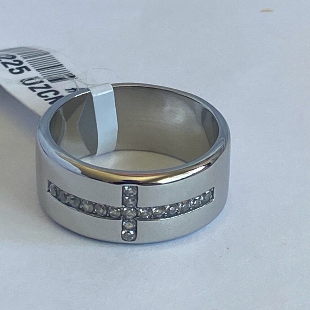 Men’s Stainless Steel Ring Size 10 CZ Cross Design Silver Tone Band